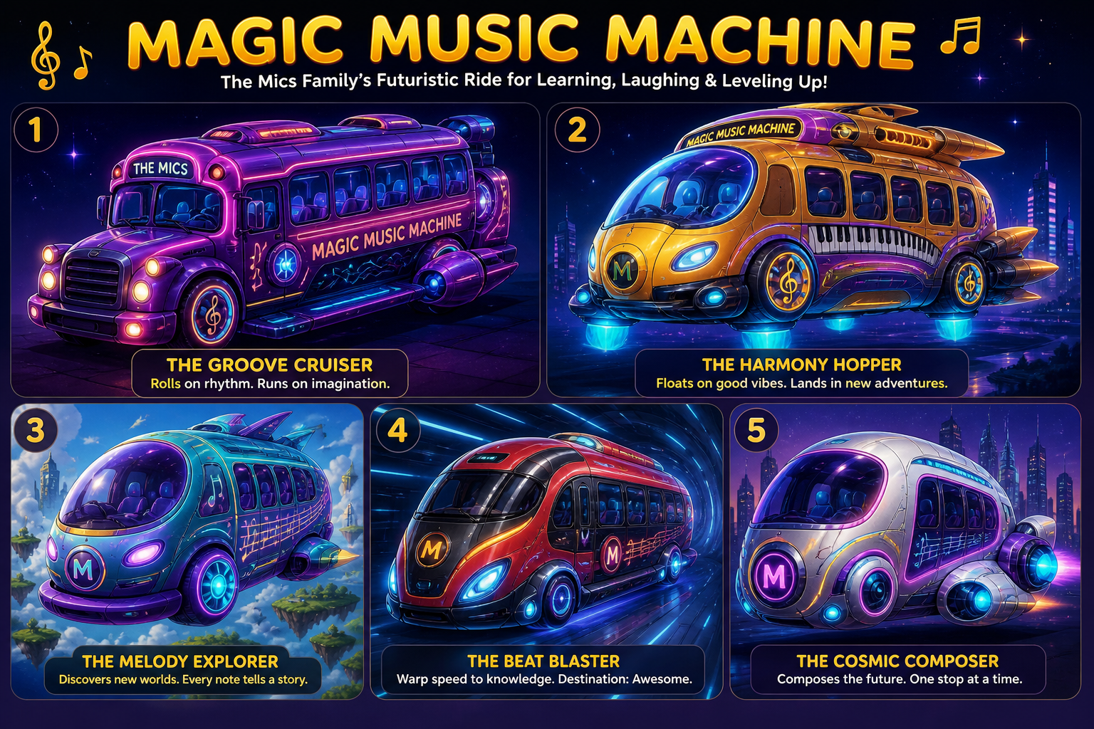 Magic Music Machine lineup: Groove Cruiser, Harmony Hopper, Melody Explorer, Beat Blaster and Cosmic Composer