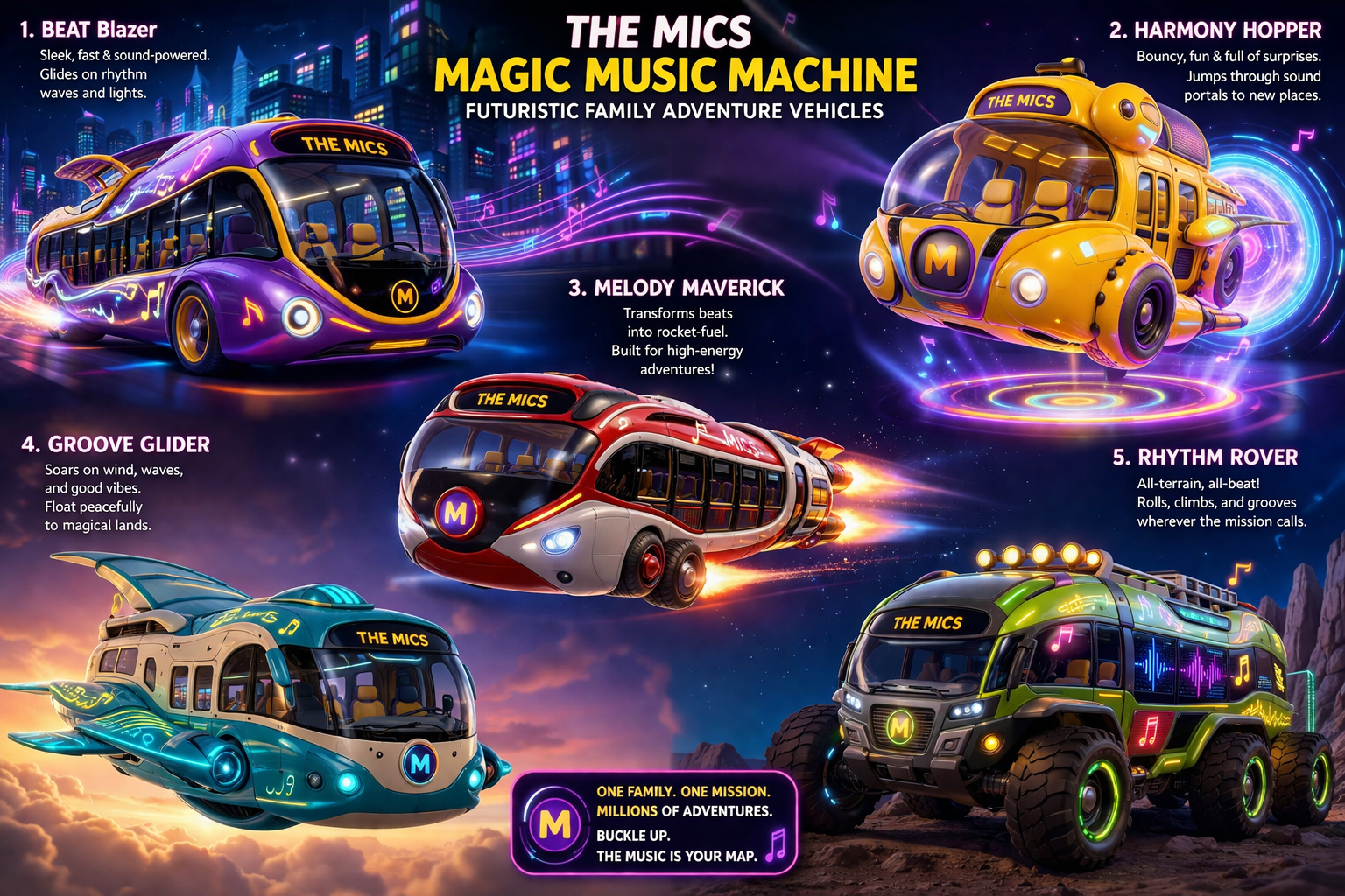 The Mics Magic Music Machine fleet: Beat Blazer, Harmony Hopper, Melody Maverick, Groove Glider and Rhythm Rover